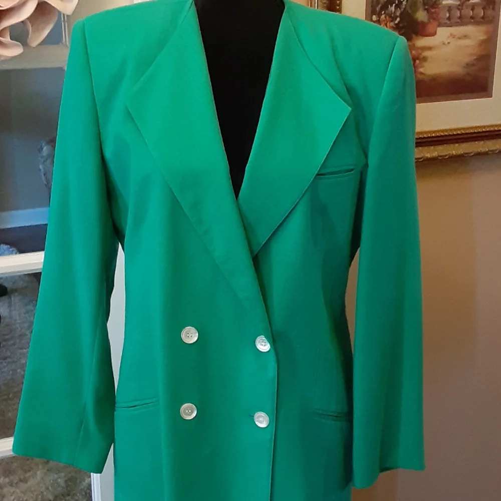 Oleg Cassini jade green double breasted suit pencil skirt lined size 14 …EUC